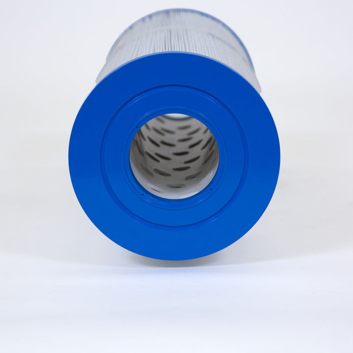 cylindrical filter cartridge with a bright blue plastic end cap and white pleated filtering material inside