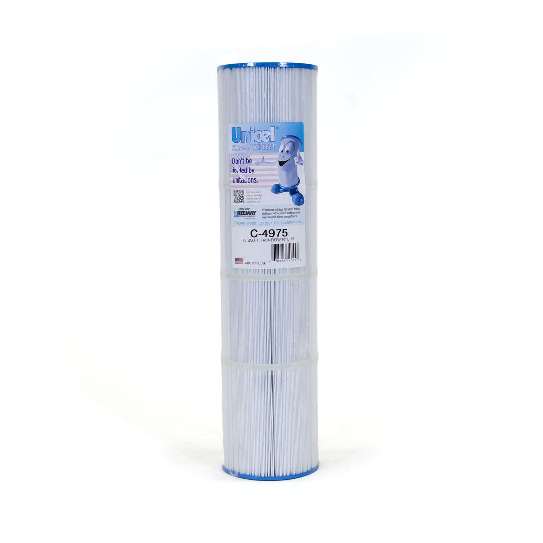 Tall cylindrical white pleated pool filter cartridge with blue caps and product label in the center