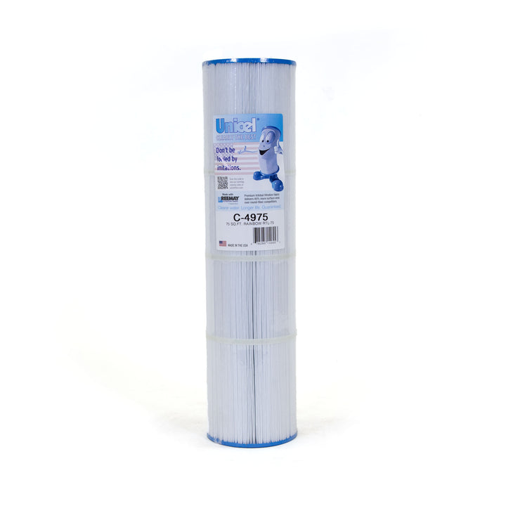 Tall cylindrical white pleated pool filter cartridge with blue caps and product label in the center