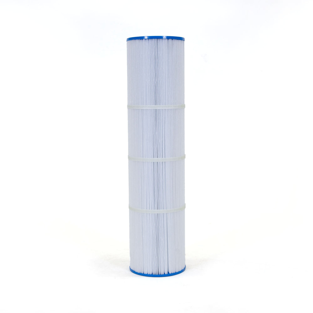 Tall cylindrical pool filter cartridge with white pleated material and blue caps on both ends standing upright on a white background