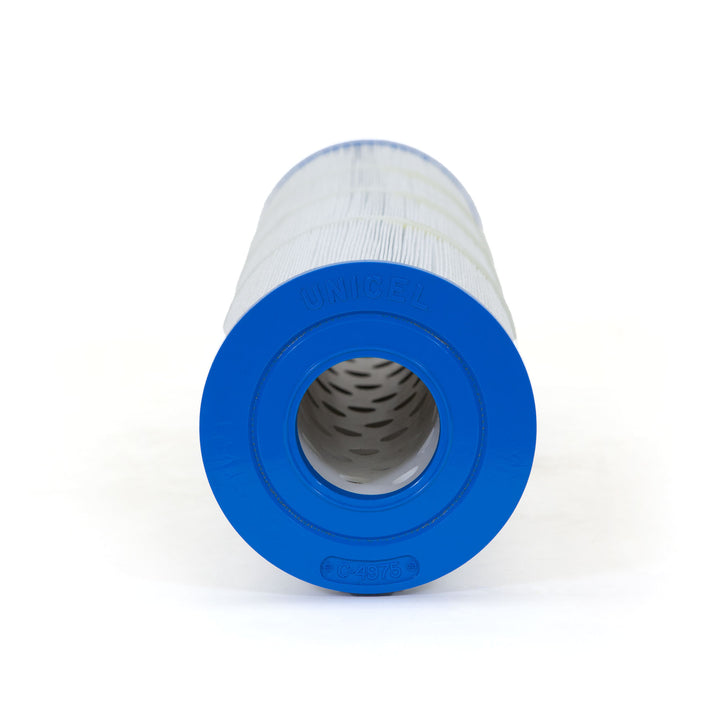 Cylindrical pool filter cartridge with white pleated material and blue end cap labeled Unicel C-4975
