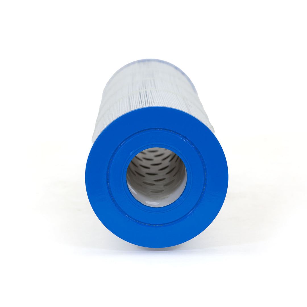 cylindrical pool filter cartridge with blue end caps and white pleated filter material against a white background
