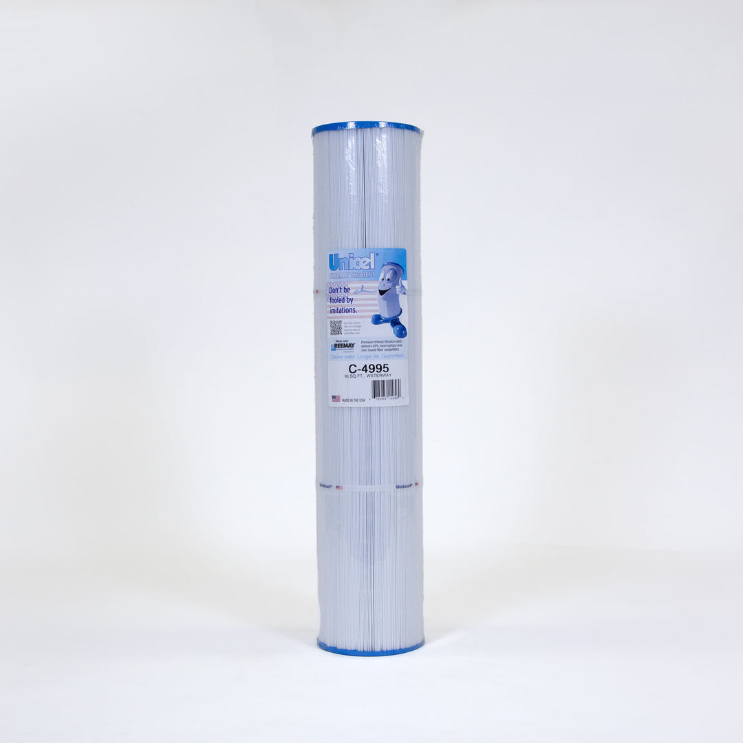 Tall cylindrical white pleated filter cartridge with blue caps on top and bottom and a blue label in the center against a white background