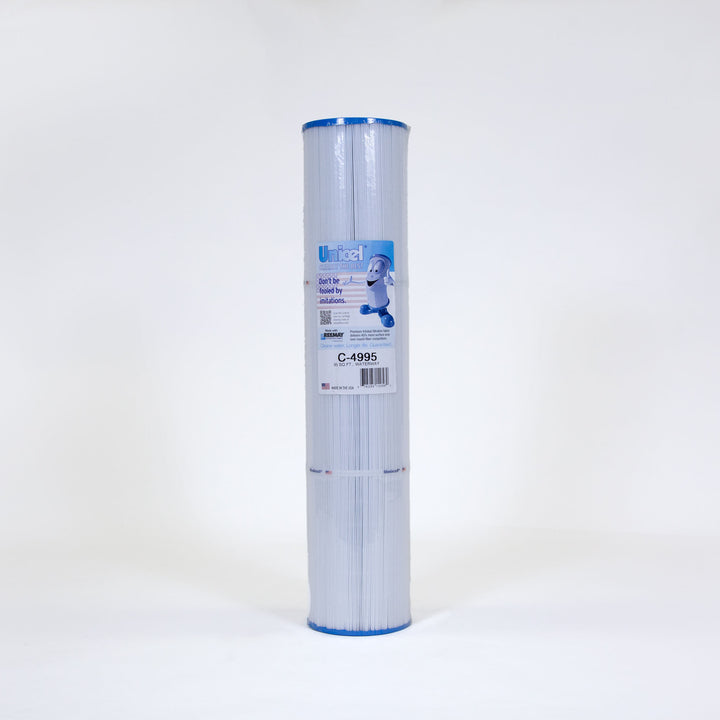 Tall cylindrical white pleated filter cartridge with blue caps on top and bottom and a blue label in the center against a white background