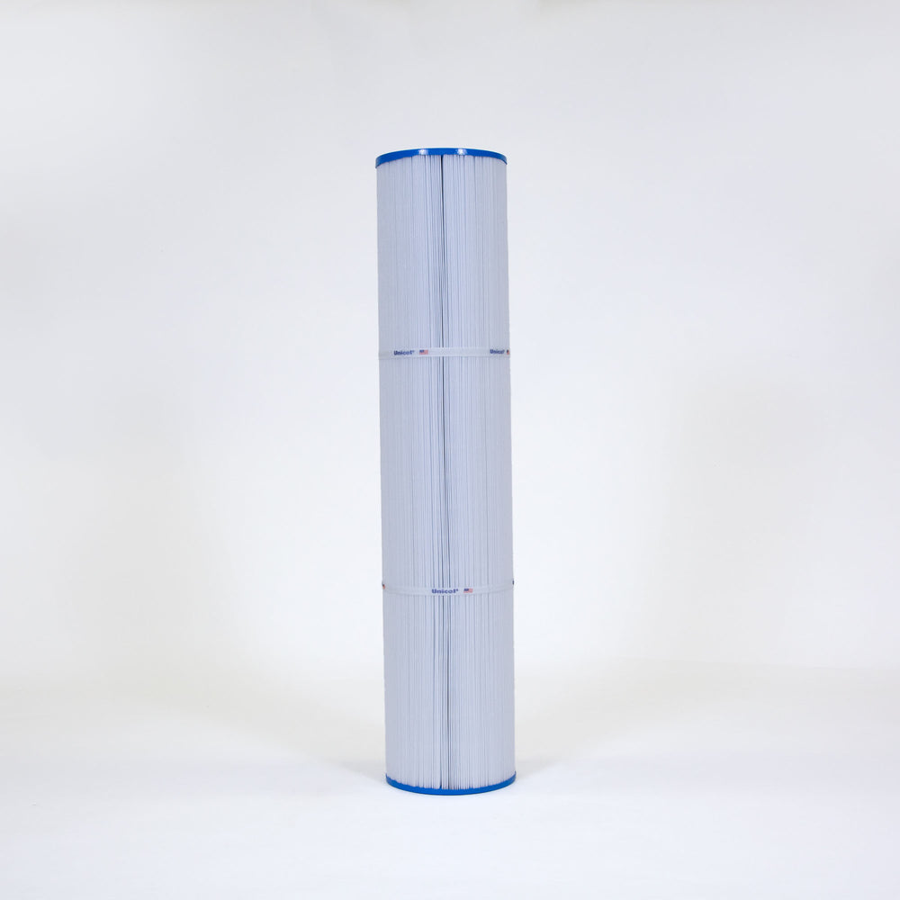 tall cylindrical filter cartridge with white pleated material and blue caps on both ends standing upright on a white surface