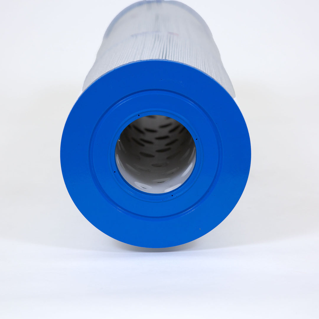 cylindrical replacement filter cartridge with a prominent blue end cap and pleated white filter material