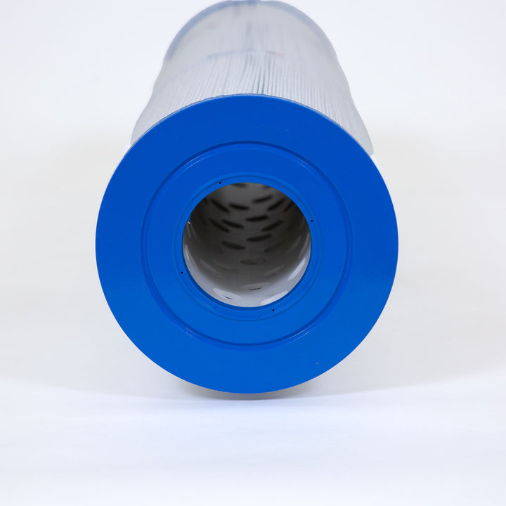 cylindrical replacement filter cartridge with a prominent blue end cap and pleated white filter material