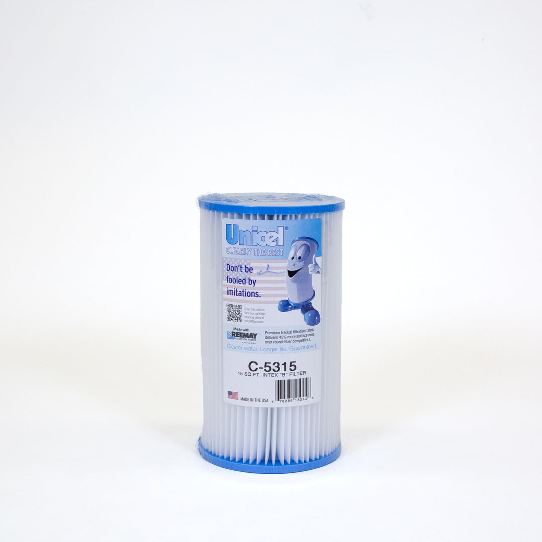 cylindrical pool filter cartridge with blue caps and pleated white filtration material standing upright