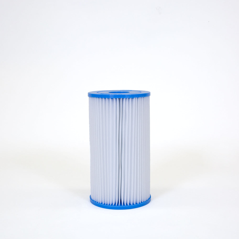 cylindrical pool filter cartridge with white pleated material and blue plastic caps on top and bottom on white background