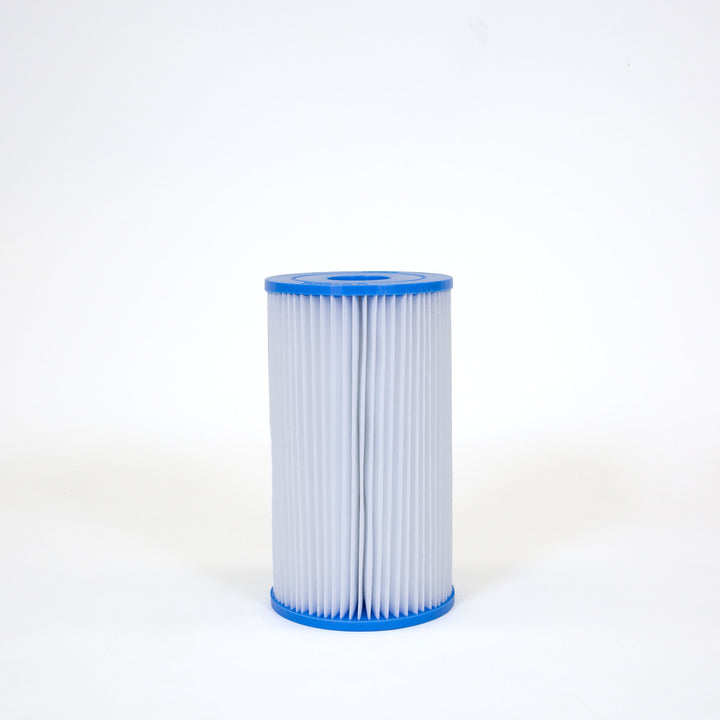 cylindrical pool filter cartridge with white pleated material and blue plastic caps on top and bottom on white background