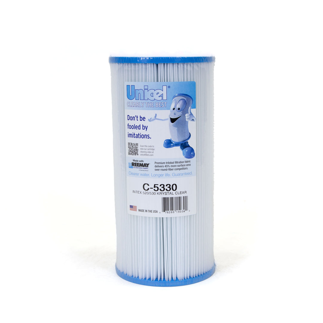 cylindrical pool filter cartridge with blue caps and a white pleated body standing upright on a white background
