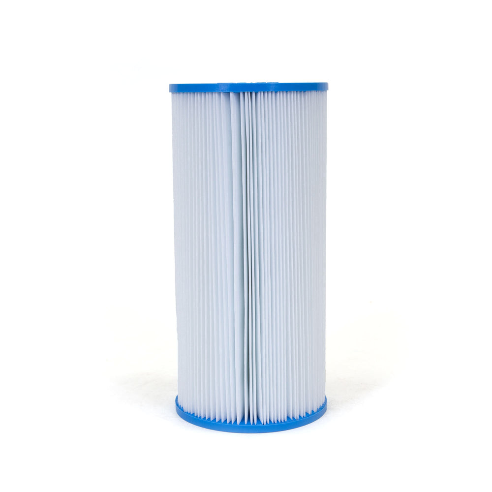 cylindrical pleated filter cartridge with blue plastic ends and white filter material