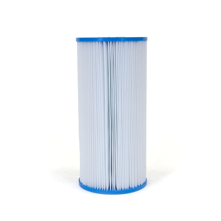 cylindrical pleated filter cartridge with blue plastic ends and white filter material