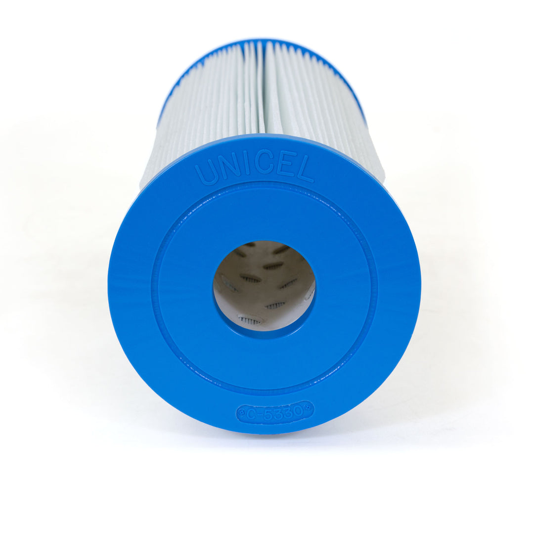 cylindrical replacement filter cartridge with blue plastic ends and pleated white filtration material