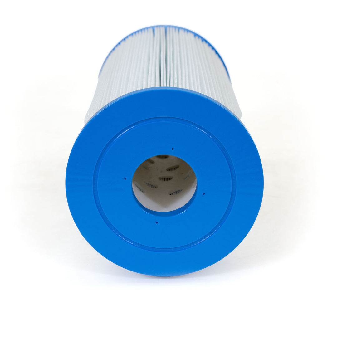 cylindrical pool filter cartridge with blue plastic end caps and white pleated filter material on a white background