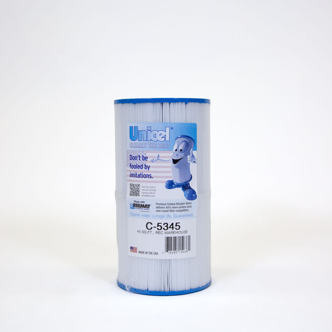 White cylindrical pool filter cartridge with blue end caps and label featuring a smiling cartoon filter character