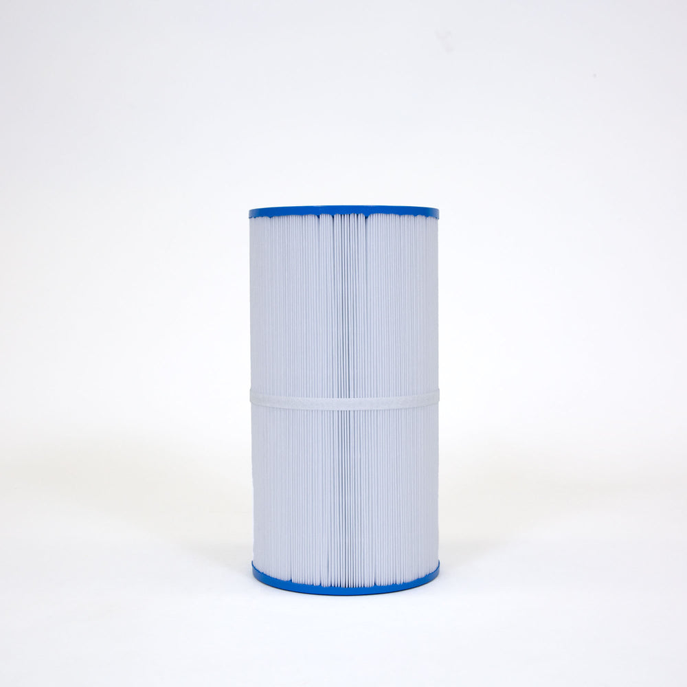 cylindrical white pleated filter cartridge with blue rims on top and bottom standing upright on white background