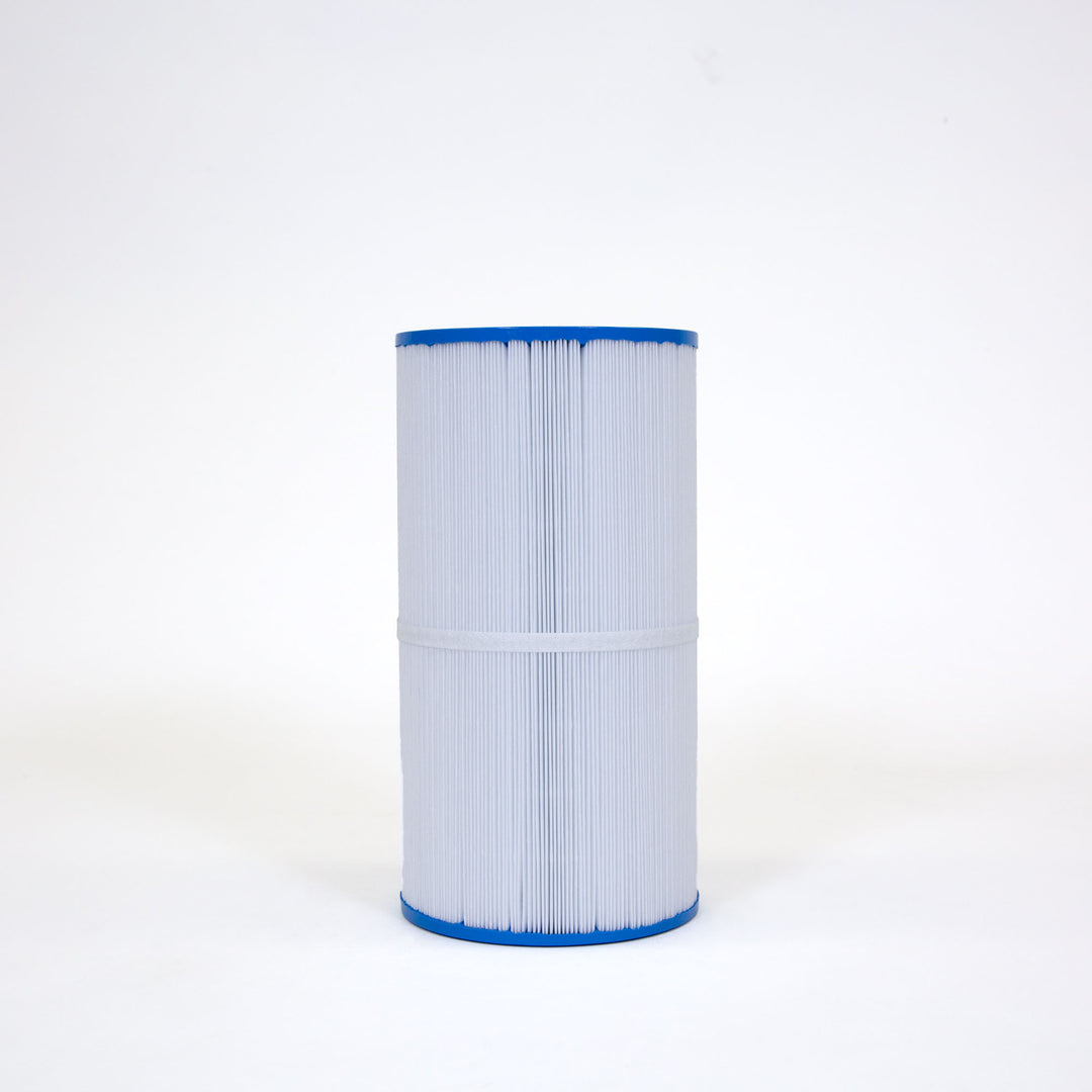 cylindrical white pleated filter cartridge with blue rims on top and bottom standing upright on white background