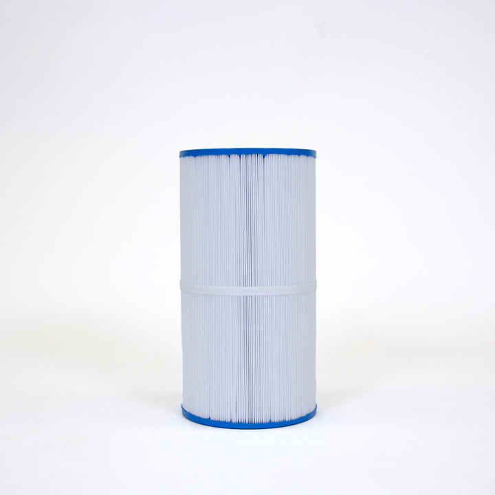 cylindrical white pleated filter cartridge with blue rims on top and bottom standing upright on white background