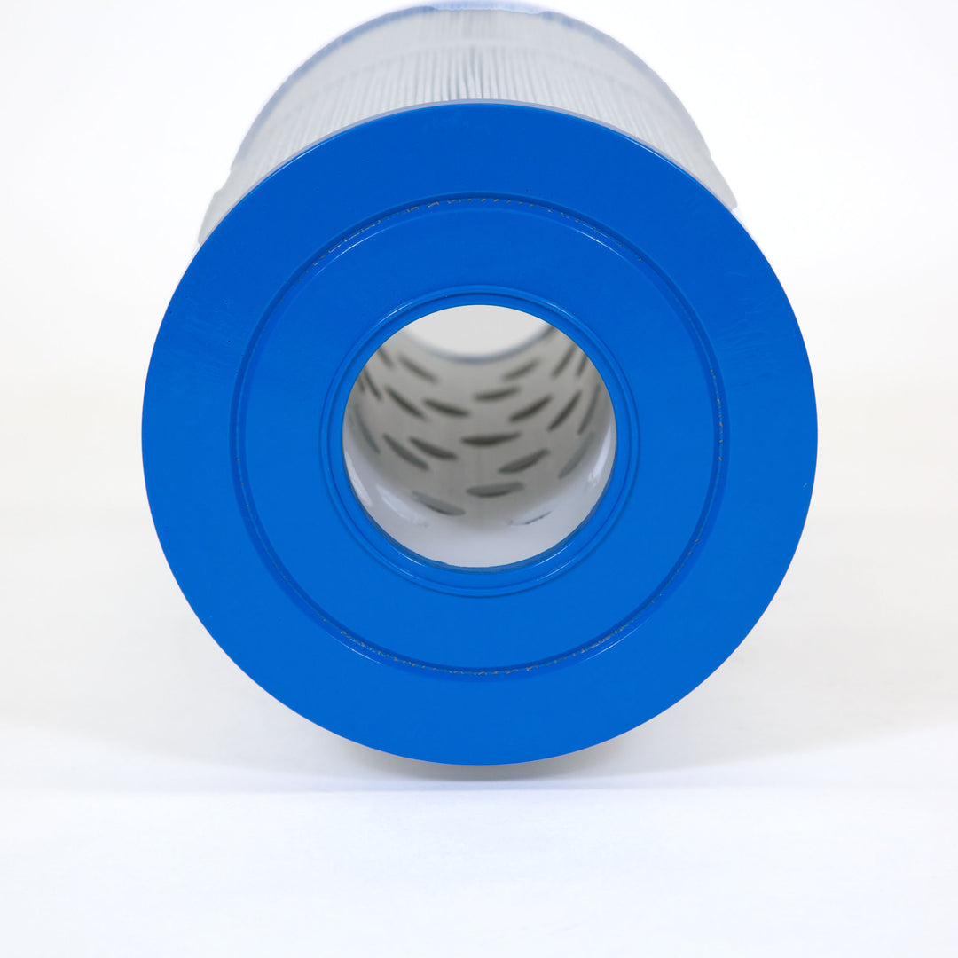 cylindrical replacement filter cartridge with blue plastic end and pleated white filtering material on white background