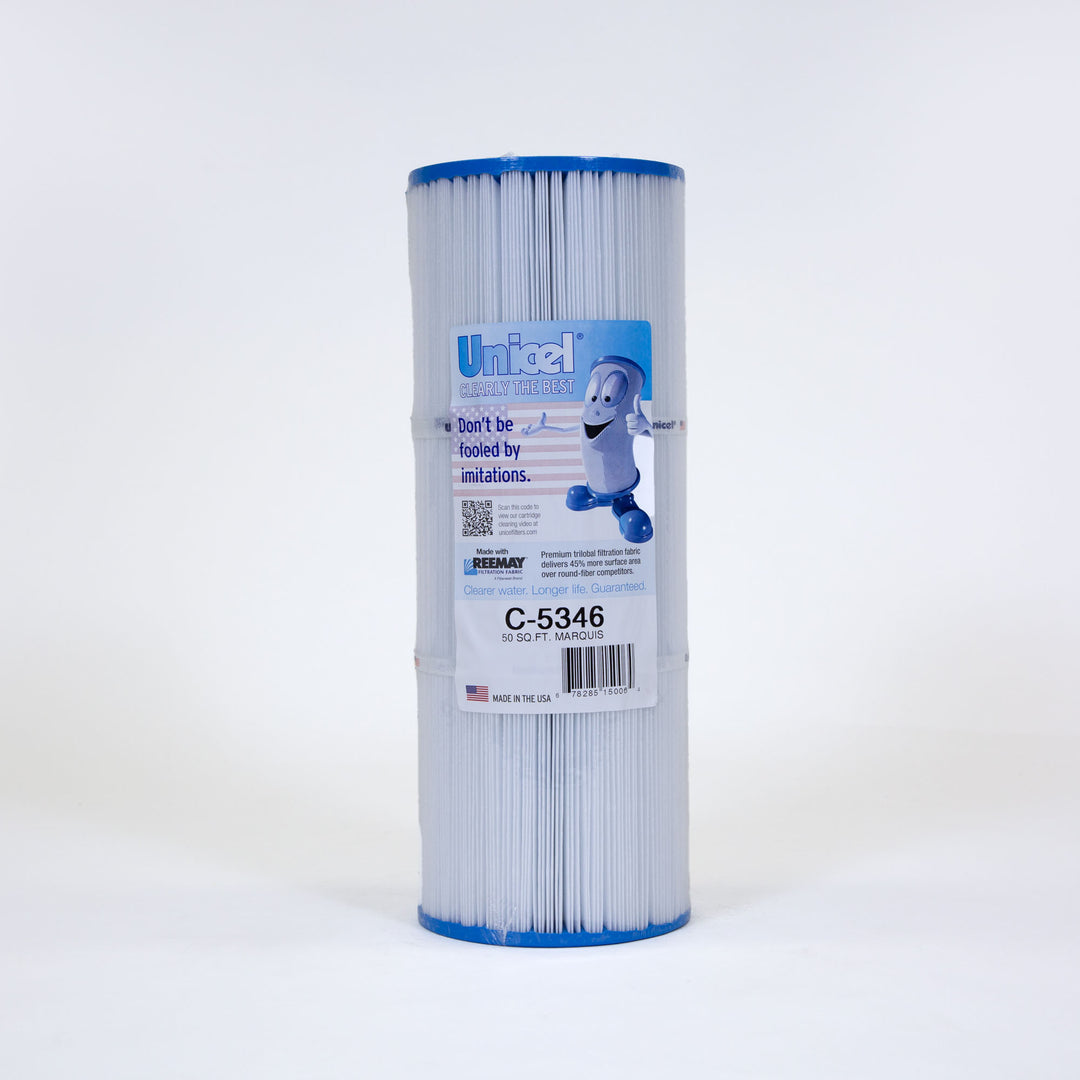 cylindrical white pool filter cartridge with blue caps and branded label showing product details and animated filter character