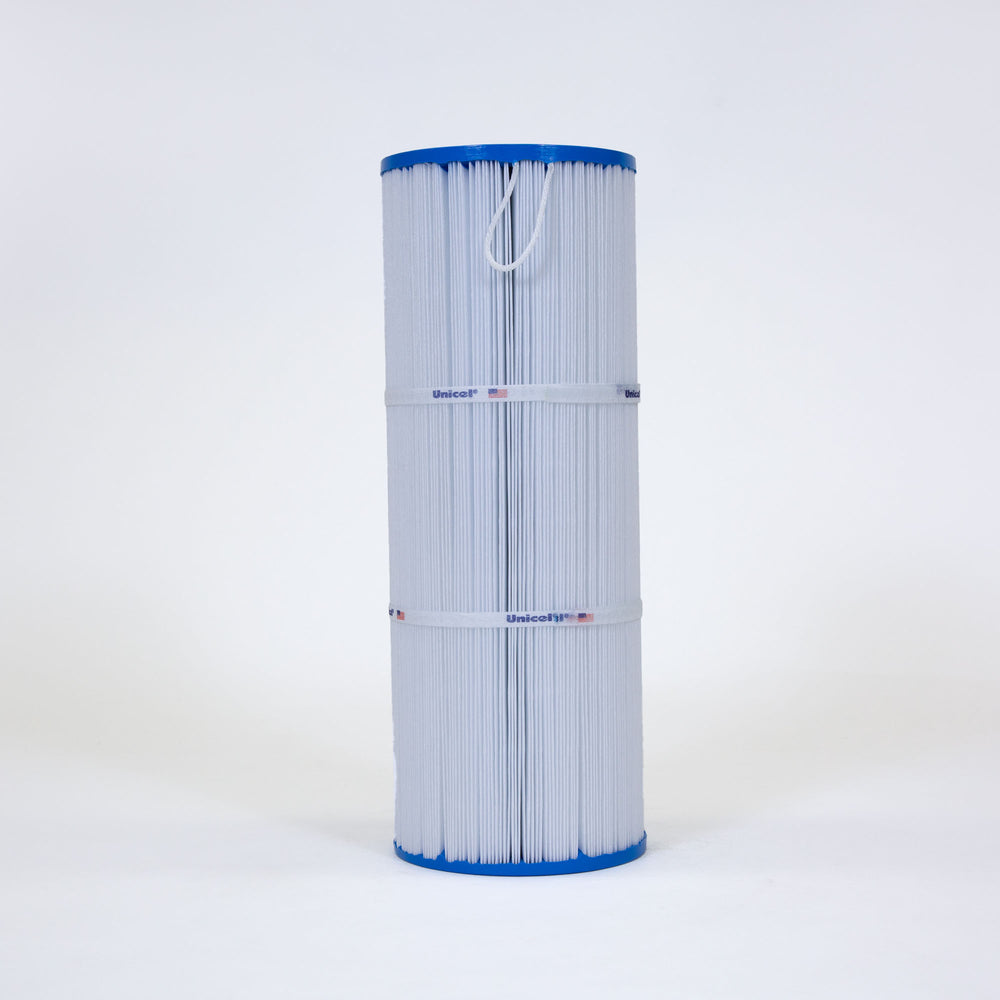 Tall cylindrical pool filter cartridge with white pleated material and blue top and bottom rims on a white background