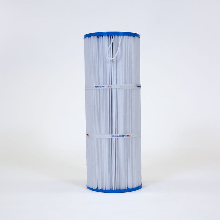 Tall cylindrical pool filter cartridge with white pleated material and blue top and bottom rims on a white background