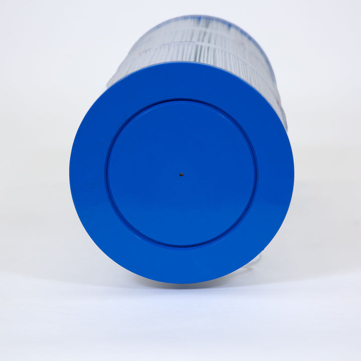 cylindrical pool or spa filter cartridge with pleated white filter material and solid blue end cap against white background