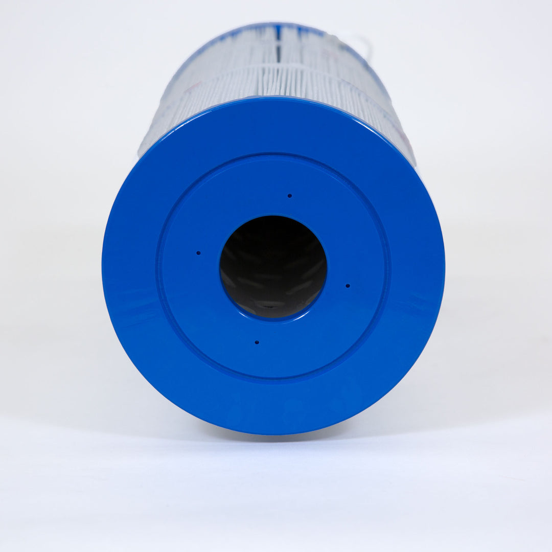 cylindrical replacement filter cartridge with blue plastic end caps and pleated white filtration material
