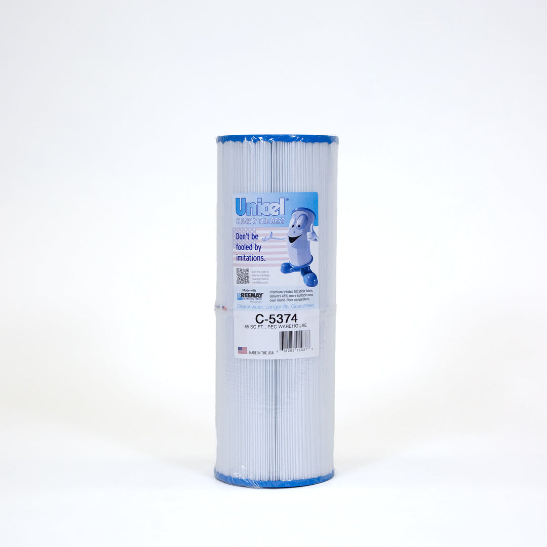 cylindrical pool and spa filter cartridge with blue ends and pleated white filter material wrapped in plastic