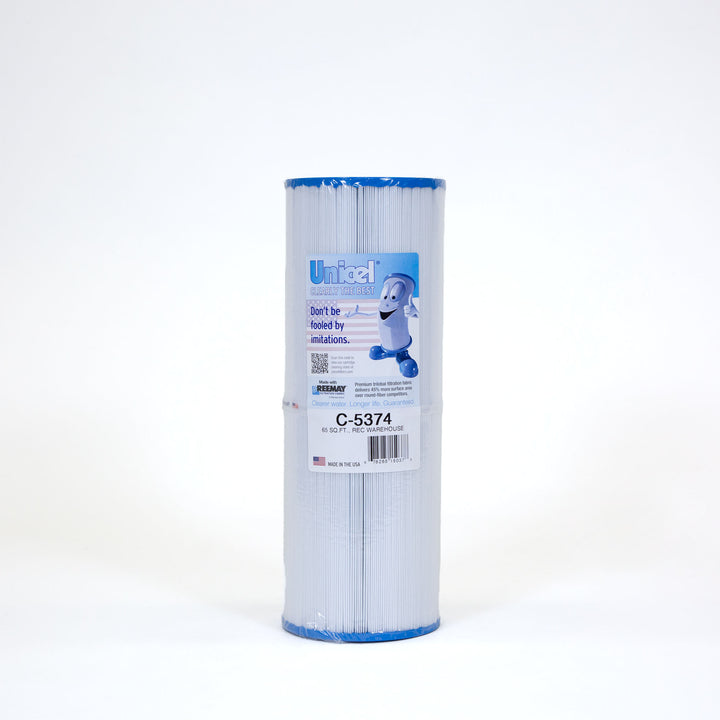 cylindrical pool and spa filter cartridge with blue ends and pleated white filter material wrapped in plastic