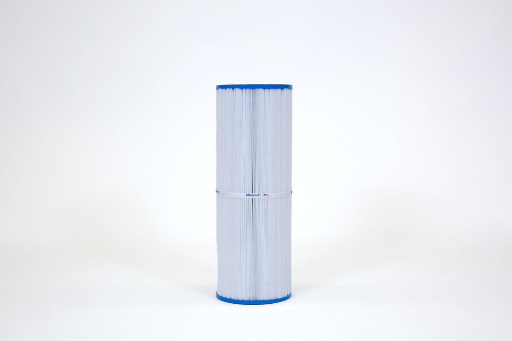 cylindrical pool and spa filter cartridge with pleated white material and blue edges against white background