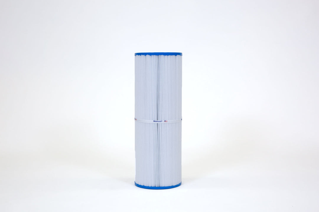 cylindrical pool and spa filter cartridge with pleated white material and blue edges against white background