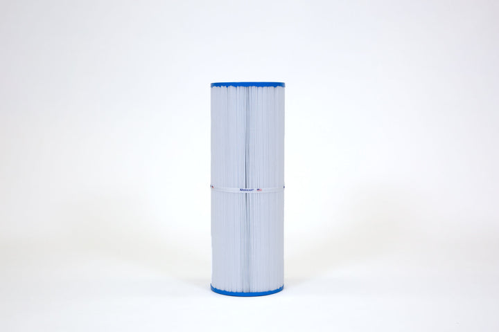 cylindrical pool and spa filter cartridge with pleated white material and blue edges against white background