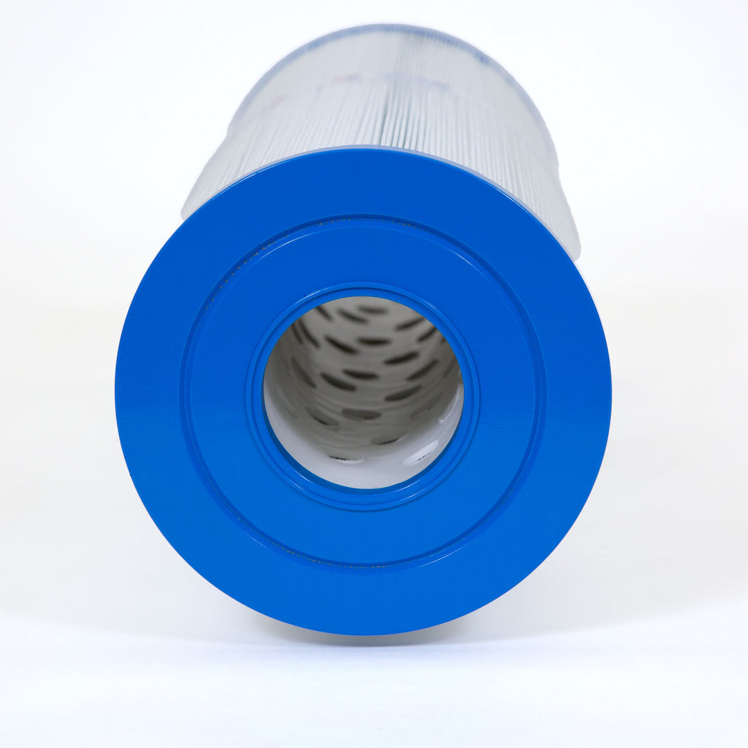 cylindrical pool and spa filter cartridge with bright blue circular end and white pleated filter material