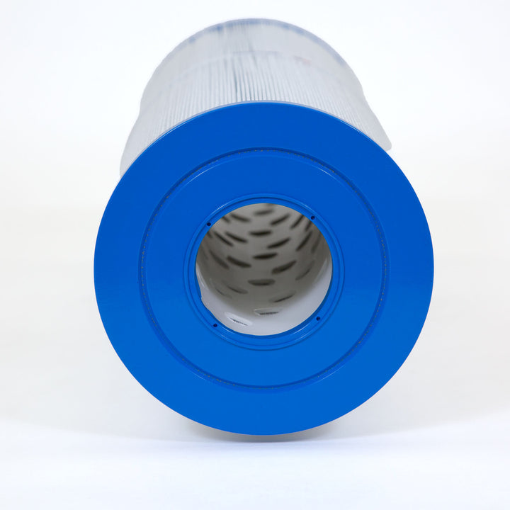 cylindrical pool and spa filter cartridge with a blue plastic end cap and white pleated filter material