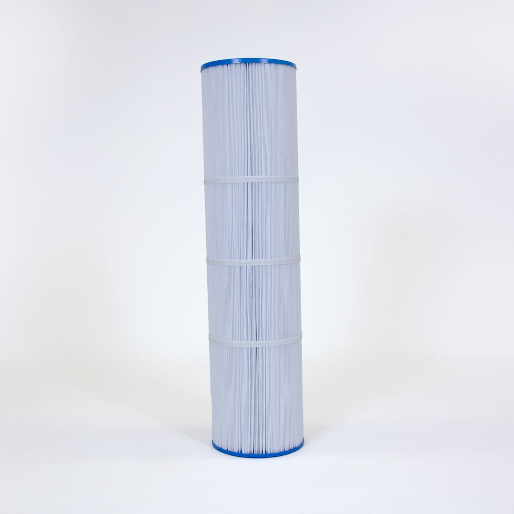 Tall cylindrical pleated water filter cartridge with blue end caps and three white securing bands on a white background