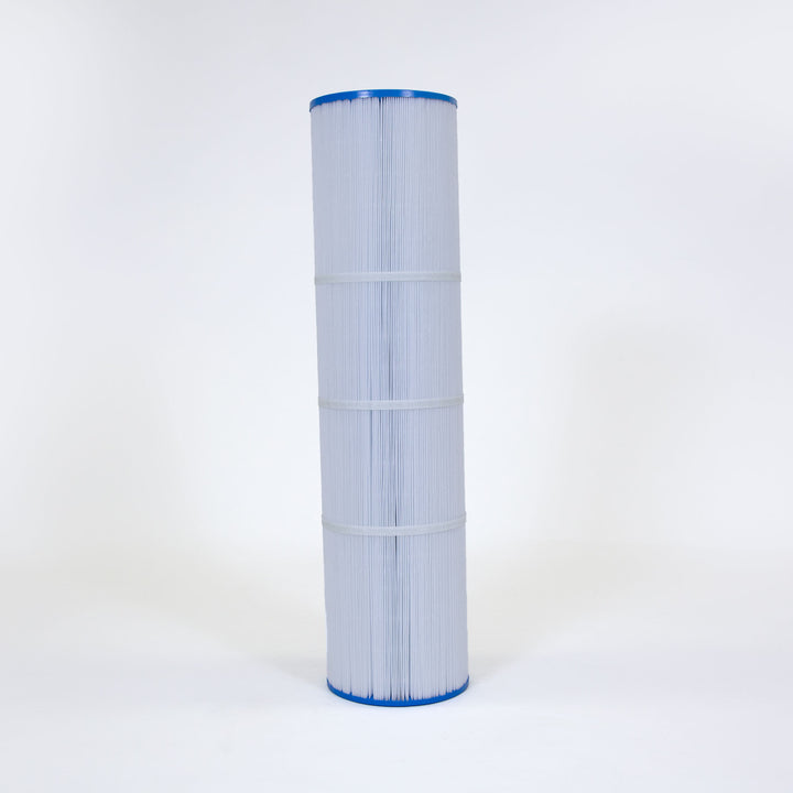 Tall cylindrical pleated water filter cartridge with blue end caps and three white securing bands on a white background
