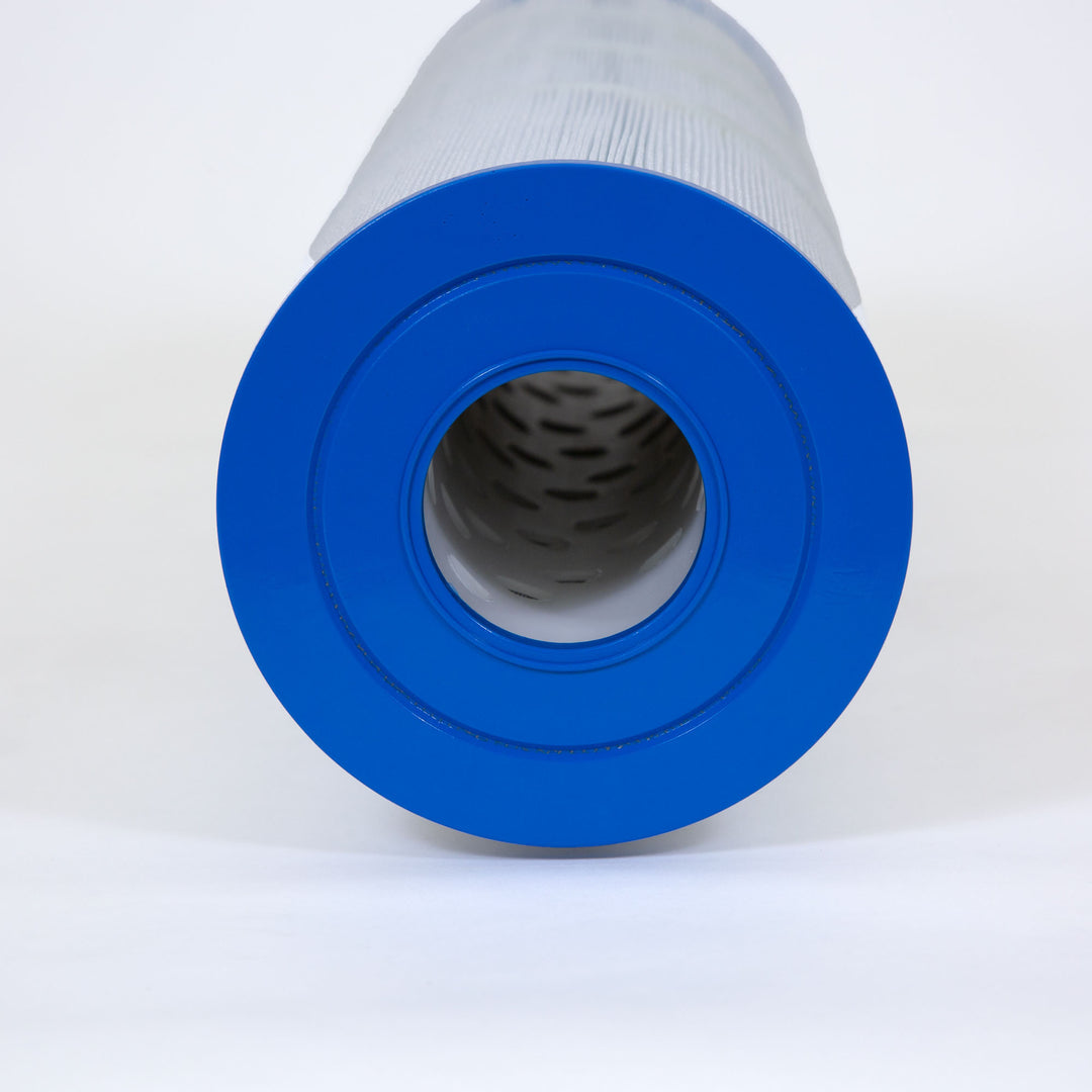 Cylindrical white pool or spa filter cartridge with a bright blue plastic end cap and hollow interior