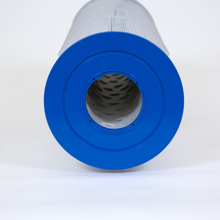 close-up of a cylindrical water filter cartridge with blue plastic end caps and pleated white filter material