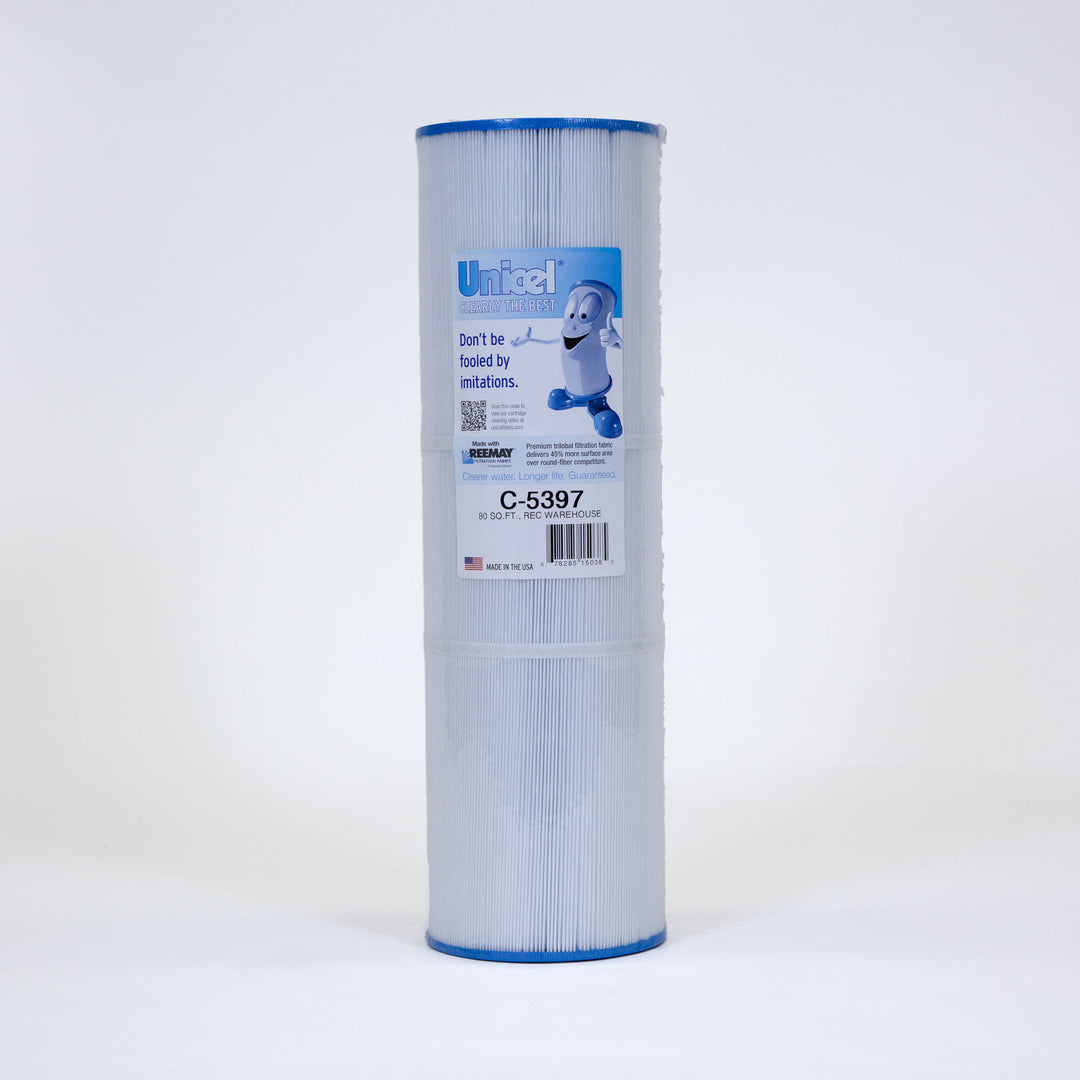 tall cylindrical white replacement filter cartridge with blue caps and a label featuring a cartoon character and text