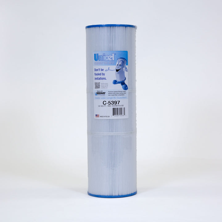 tall cylindrical white replacement filter cartridge with blue caps and a label featuring a cartoon character and text