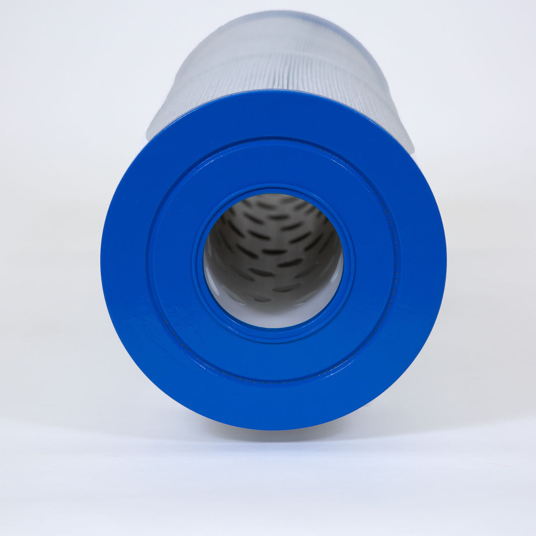 Cylindrical pool filter cartridge with blue plastic end caps and pleated white filter material