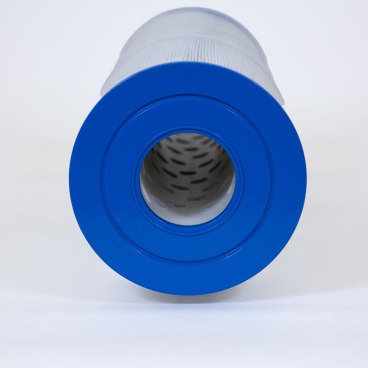 Cylindrical pool filter cartridge with blue plastic end caps and pleated white filter material