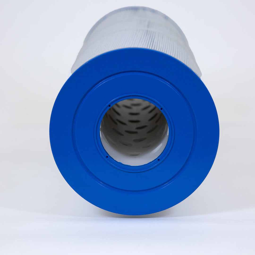 Cylindrical water filter cartridge with a blue plastic rim and pleated white filter material wrapping a perforated inner core