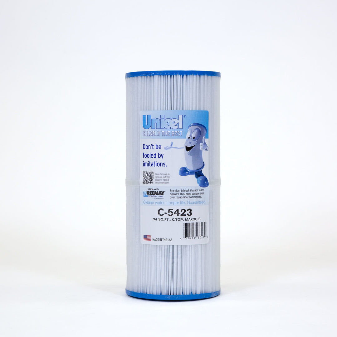 cylindrical white spa filter cartridge with blue edges and a label featuring a cartoon filter character and product details