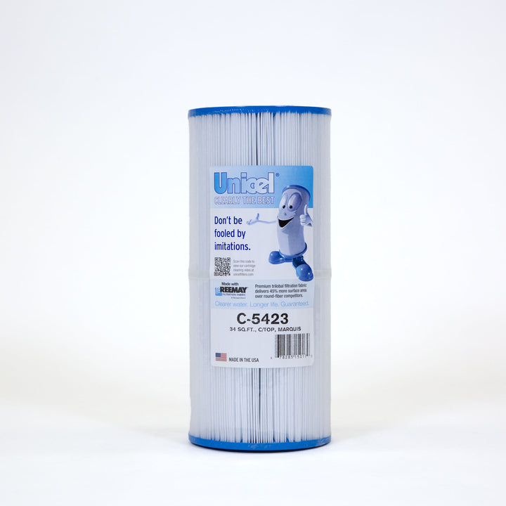 cylindrical white spa filter cartridge with blue edges and a label featuring a cartoon filter character and product details