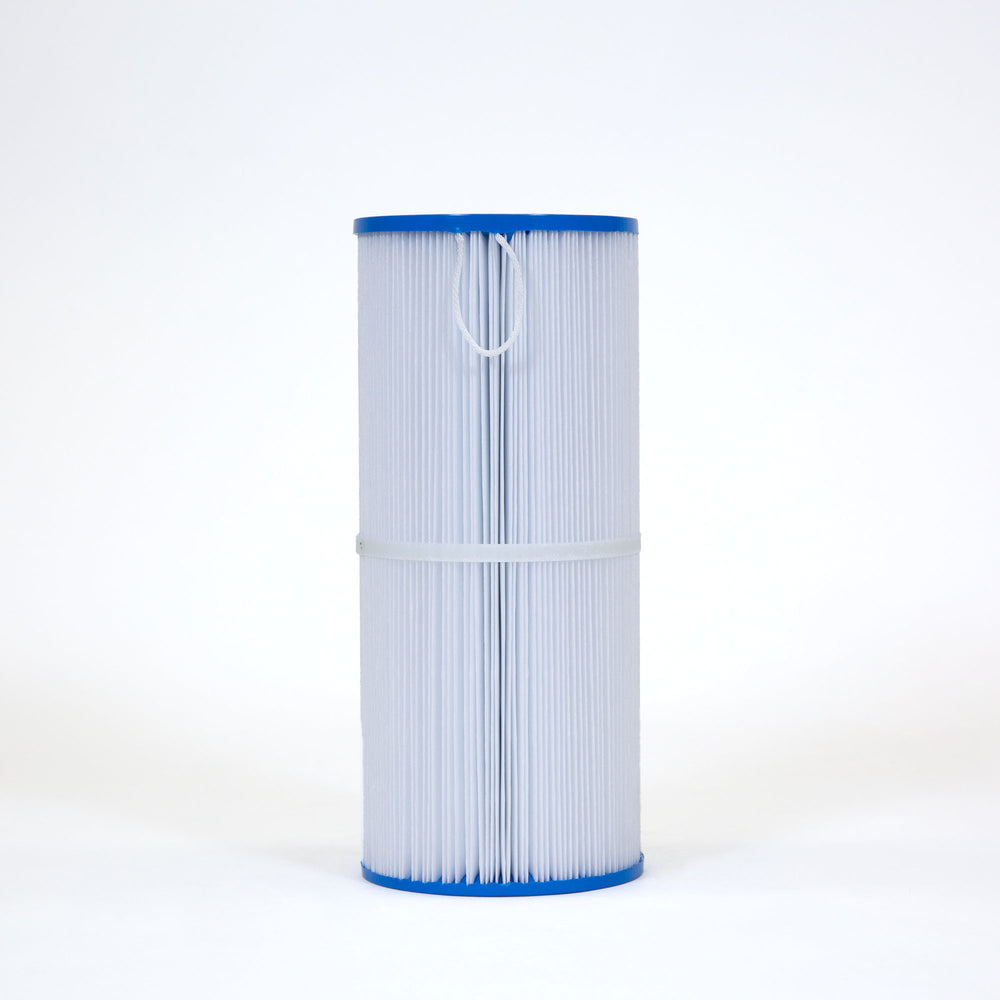 Tall cylindrical pool or spa filter cartridge with pleated white fabric and blue plastic caps on each end