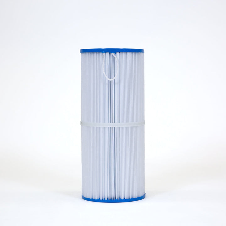 Tall cylindrical pool or spa filter cartridge with pleated white fabric and blue plastic caps on each end