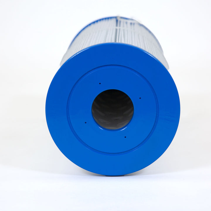 cylindrical spa filter cartridge with blue plastic ends and white pleated filter material extending along the sides